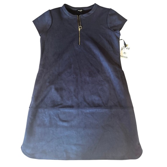 Kensie Faux Suede Shift Dress Women 14 Navy Blue Gold Zipper Front Pockets NWT - Picture 11 of 11